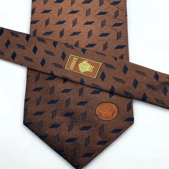 Gianni Versace Silk Tie Geometric Brown Office Business Formal Designer Italy - Picture 3 of 6